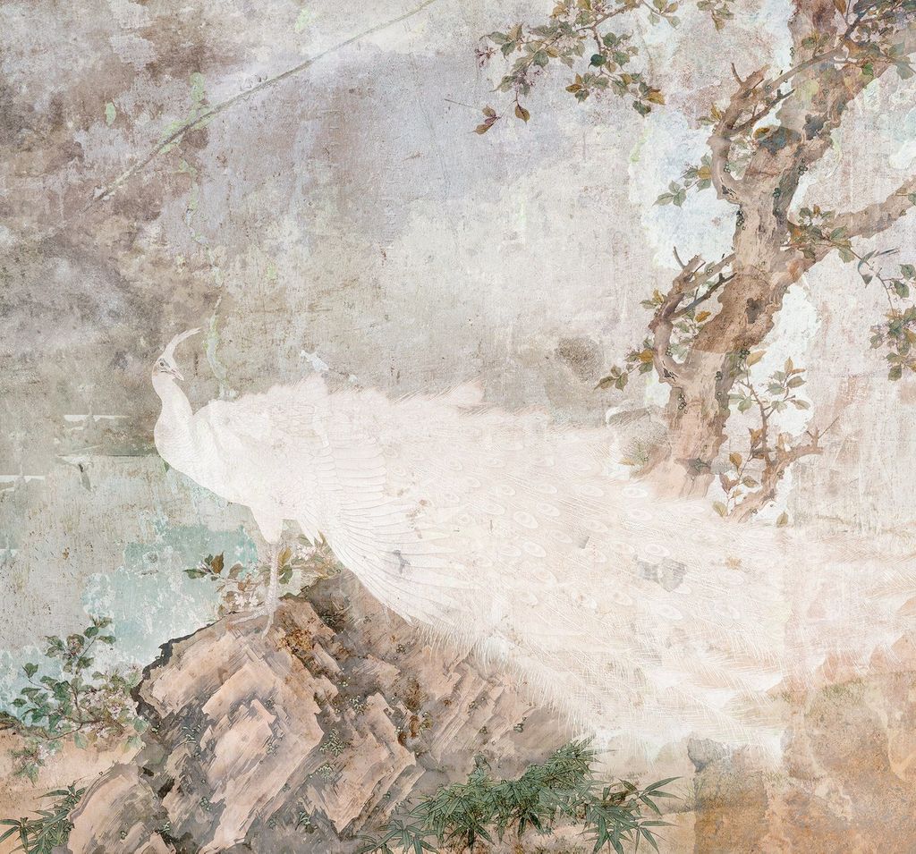 Pávát ábrázoló festmény hatású tapéta, 300x280 cm, barna-bézs - AURORE - Butopêa